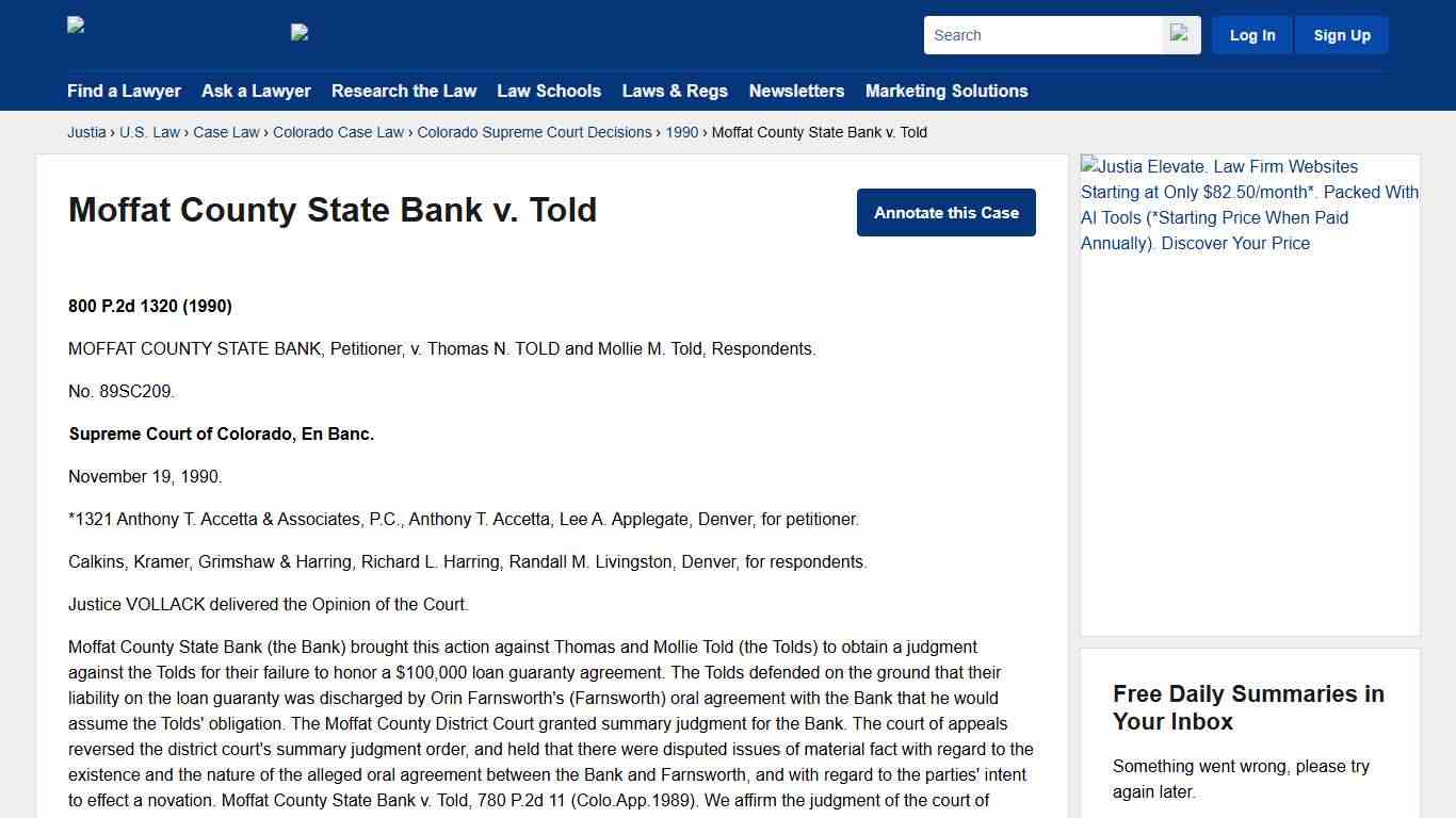 Moffat County State Bank v. Told :: 1990 :: Colorado Supreme Court Decisions :: Colorado Case Law :: Colorado Law :: U.S. Law :: Justia